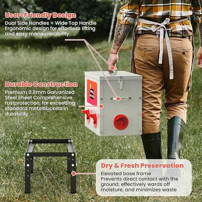 Automatic Gravity Chicken Feeder 40 lb Capacity, Large Metal 6-Port No-Waste Poultry Feeder with Adjustable Height Stand & Locking Lid for Outdoor Chickens, Ducks & Geese