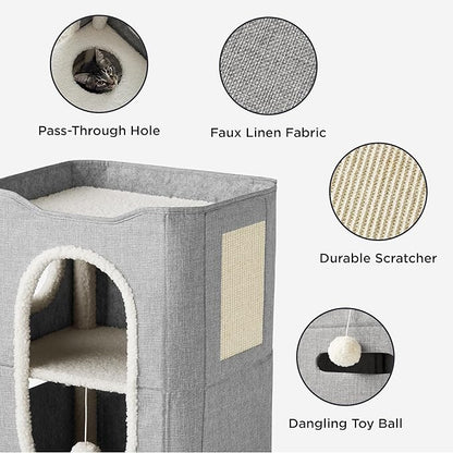 Bedsure 2 Story Cat House - Cat Condos for Indoor Cats with Scratch Pad and Fluffy Ball Hanging, Small Pet Cave Furniture Hideaway for Multi Pets, 18x14x23 inches, Grey