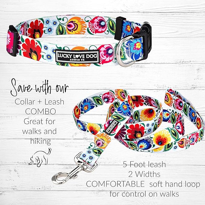 Lucky Love Dog - Easy Click Buckle Dog Collar with Leash Set Combo, Durable & Comfortable for Male & Female Dogs, Pet Collar for Small to Large Dogs, Secure Fit - Ladybird Combo, Medium