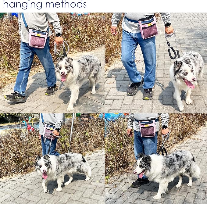 Dog Treat Pouch with Magnetic Closure 4-Cup Silicone Bag Fanny Pack Holder with Clicker 4 Ways to Wear Front Pocket Fits All Phones Ideal for Leash, Pet Walking and Training（Pink）