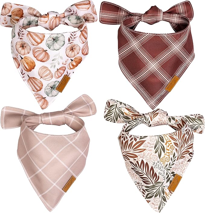 Remy+Roo Fall Dog Bandanas 4 Pack - Amber Set, Premium Durable Polyester Fabric, Patented Curved Design, Adjustable Fit for Small, Large, and XL Dogs, Trendy Patterns, Dog Fall Bandanas (Small)