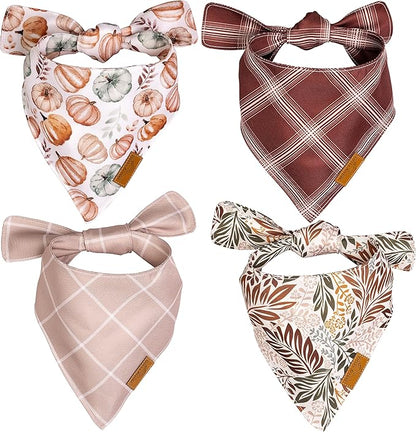 Remy+Roo Fall Dog Bandanas 4 Pack - Amber Set, Premium Durable Polyester Fabric, Patented Curved Design, Adjustable Fit for Small, Large, and XL Dogs, Trendy Patterns, Dog Fall Bandanas (Small)