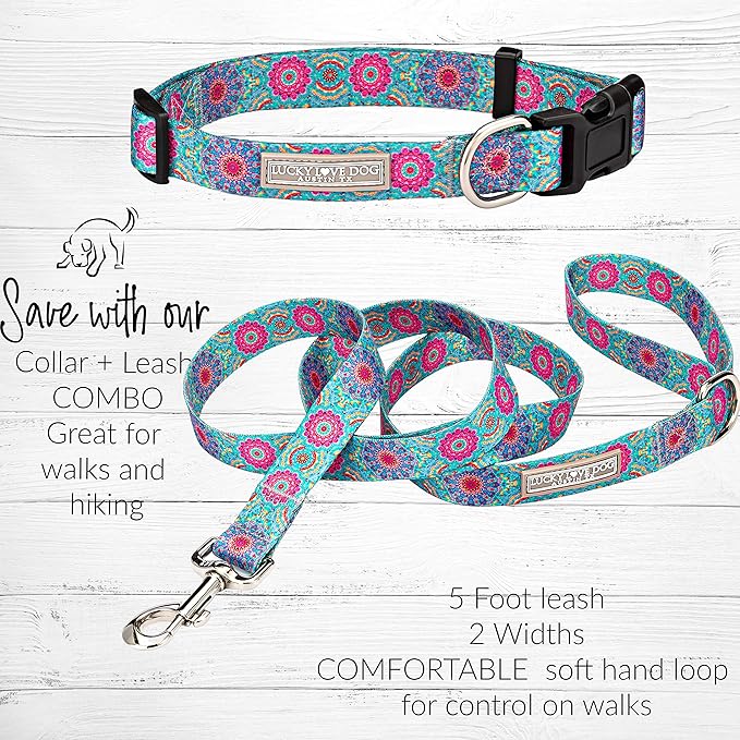 Lucky Love Dog, Boho Chic Matching Dog Collar and Leash Set, Vivid Pink and Turquoise Collar and Leash for Dogs, Soft, Adjustable, Safe for Training and Walking - (Small, Clara Combo)