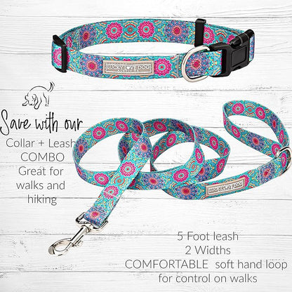Lucky Love Dog, Boho Chic Matching Dog Collar and Leash Set, Vivid Pink and Turquoise Collar and Leash for Dogs, Soft, Adjustable, Safe for Training and Walking - (Large, Clara Combo)