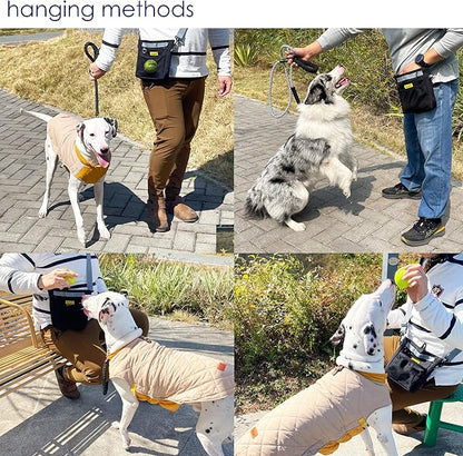 Dog Treat Pouch with Magnetic Closure 4-Cup Silicone Bag Fanny Pack Holder with Clicker 4 Ways to Wear Front Pocket Fits All Phones Ideal for Leash, Pet Walking and Training（Black）