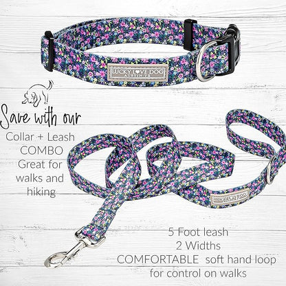 Lucky Love Dog, Matching Dog Collar & Leash Set for Female Dogs, Soft, Adjustable, Safe for Training and Walking, Black & Purple Floral Print, Primrose Combo, Large