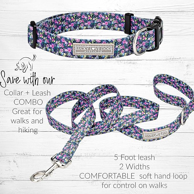 Lucky Love Dog - Easy Click Buckle Dog Collar with Leash Set Combo, Durable & Comfortable for Male & Female Dogs, Pet Collar for Small to Large Dogs, Secure Fit - Primrose Combo, Medium