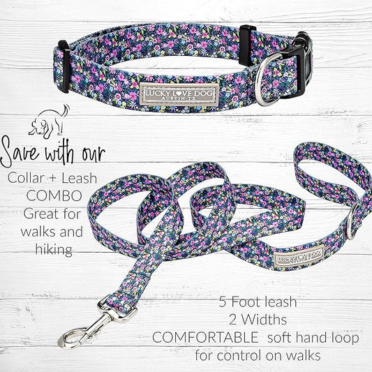 Lucky Love Dog, Matching Dog Collar & Leash Set for Female Dogs, Soft, Adjustable, Safe for Training and Walking, Black & Purple Floral Print, Primrose Combo, Small